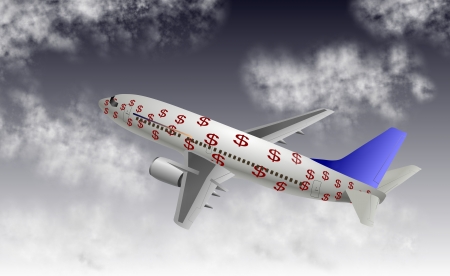 An airplane covered with dollar symbols with sky and clouds in the backgroundの写真素材