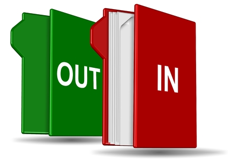 Red file folder marked as in and full of files with green folder marked as out emptyの写真素材