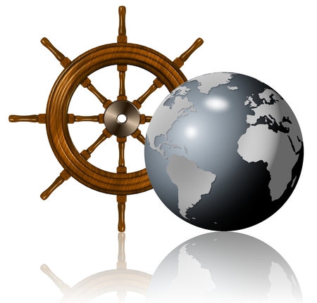 A wooden ship wheel and Earth globe in front of itの写真素材