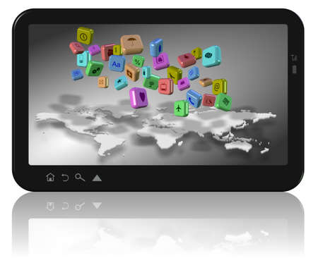 Computer tablet with world map and app icons on its screenの写真素材