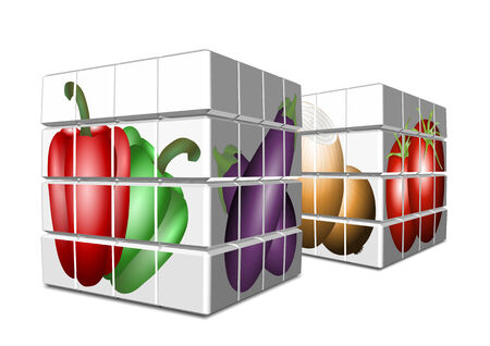 Two white 3d cubes with vegetable illustrations printed on themの写真素材