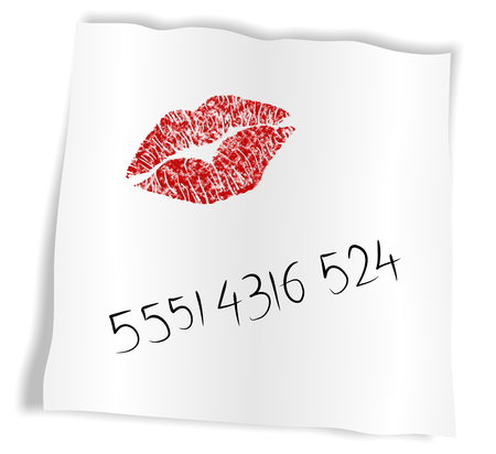 Phone number and red lips left on a white paper napkinの写真素材