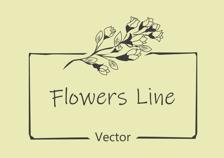 Botanical floral emblem in minimalist style with plant elements. Frame with rose branches drawn by lines. Vector illustration with empty space fot text.のイラスト素材
