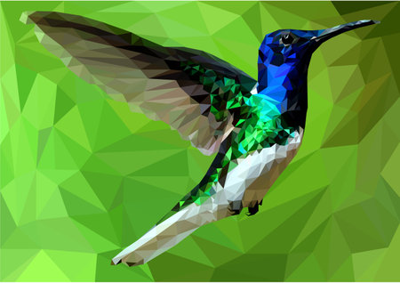 Hand drawn hummingbird in mosaic or stained glass style. Image on a mosaic background. Vector illustration for use in prints for clothing, polygraphy, postcards.のイラスト素材