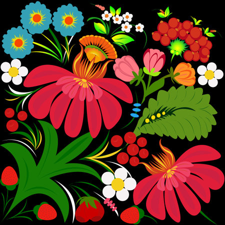 Floral ornament in Petrikivka style. Ukrainian traditions. Vector illustration for printing on a postcard, invitation, print for clothes, dishes, polygraphy.のイラスト素材