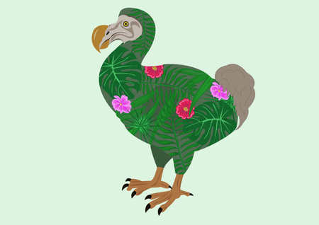 Dodo bird isolated on a white background, the body is decorated with a print of exotic raster and flowers. Vector illustration for flyer, postcard advertising.のイラスト素材