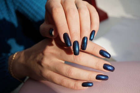 Awesome nails and beautiful clean manicure. Nails are natural. Manicure is made using nails drill machine.の写真素材