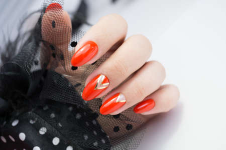 Beautiful hands with stylish manicure. Women have natural nails.の写真素材
