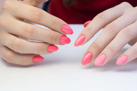 Beautiful manicure and nail art. Natural nails and gel polish.の写真素材