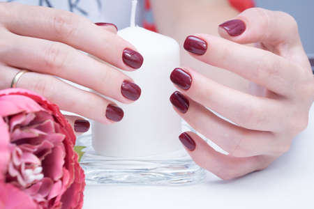 Amazing natural nails. Women's hands with clean manicure. Gel polish applied.