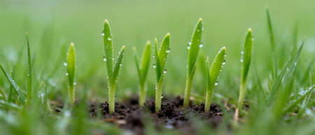 Young green sprouts growing from soil with water droplets, macro nature scene representing renewal and sustainability.の写真素材