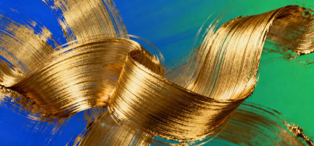 Bold flowing gold brush strokes over vibrant abstract background, luxury fluid art texture for modern creative design.の写真素材