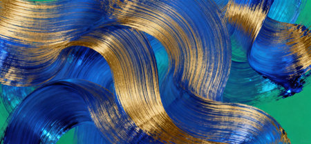 Dynamic gold brush waves over deep blue abstract background creating a premium modern luxury art texture.の写真素材