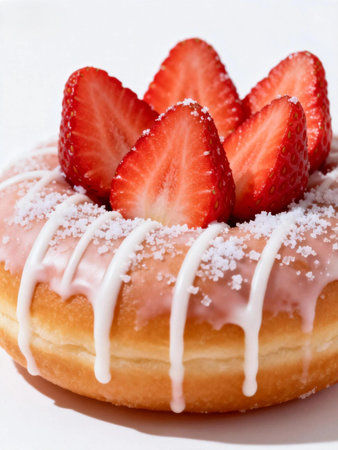 Fresh strawberry glazed donut topped with sugar and cream, appetizing dessert close up highlighting texture, sweetness and bakery indulgence.の写真素材
