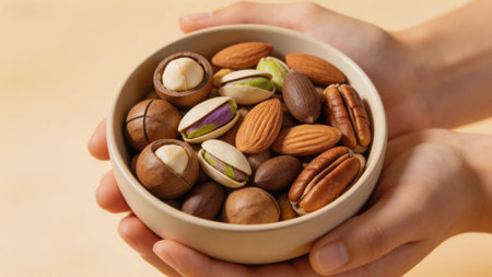 Hands presenting mixed nuts bowl symbolizing healthy lifestyle, nutrition, and natural snacking.