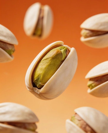 Pistachios floating in midair creating dynamic food motion concept emphasizing freshness and natural snack quality.の写真素材
