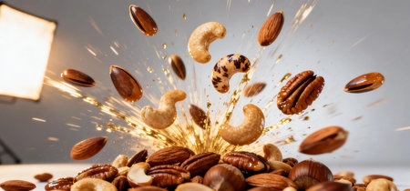 Dynamic splash of mixed nuts exploding in midair, capturing motion, freshness, and energy for healthy snack and food concept visuals.の写真素材