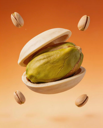 Floating pistachio macro with shell and kernel isolated on warm background, creative food concept...