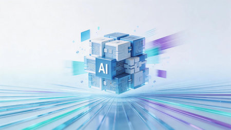 Futuristic artificial intelligence cube with glowing data streams symbolizing modern technology,...