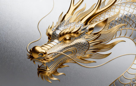 Golden Chinese dragon illustration with detailed scales and metallic texture symbolizing strength, prosperity, and luxury Asian cultural heritage.の写真素材