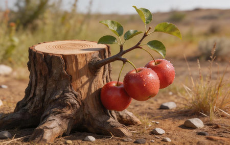 Fresh red apples hanging from branch beside rustic tree stump in natural outdoor setting symbolizing harvest, organic food, and nature.の写真素材
