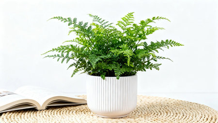 Fresh green fern plant in white pot with open book. Minimal home decor concept perfect for lifestyle, wellness, and interior design themes.の写真素材