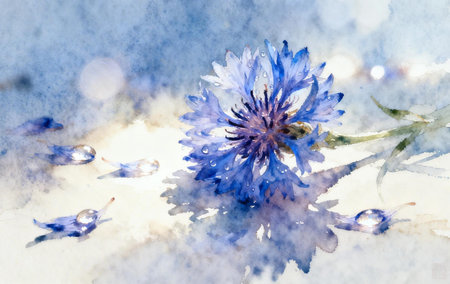 Dreamy blue cornflower watercolor with soft light and water drops. Elegant floral illustration perfect for greeting cards, branding, and artistic backgrounds.の写真素材
