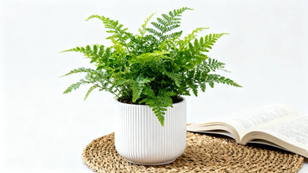 Fresh fern plant in white pot on woven mat with open book. Minimal home interior design perfect for lifestyle, decor, wellness, and eco living concepts.の写真素材