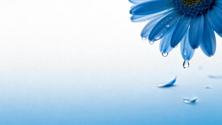 Minimal blue daisy with water droplets and soft background. Clean floral design ideal for spa branding, wellness themes, and elegant creative projects.の写真素材