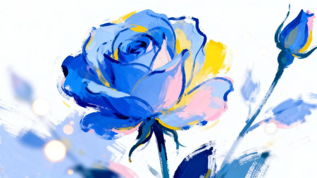 Artistic blue watercolor rose with bud and soft abstract strokes. Elegant floral illustration ideal for romantic designs, branding, and creative backgrounds.の写真素材