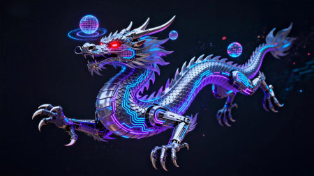 Advanced cybernetic dragon with glowing neon elements symbolizing artificial intelligence,...