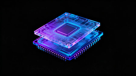 Glowing futuristic microchip processor representing artificial intelligence, computing power,...