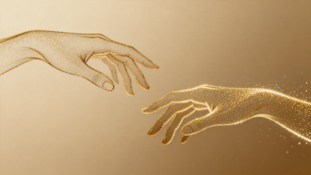 Luxury golden digital hands forming connection gesture, representing human interaction, artificial...