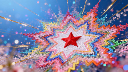 Vibrant colorful starburst explosion with glitter particles and dynamic energy. Abstract celebration...