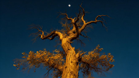 Dramatic low-angle view of a golden illuminated tree against a deep blue night sky with moon....