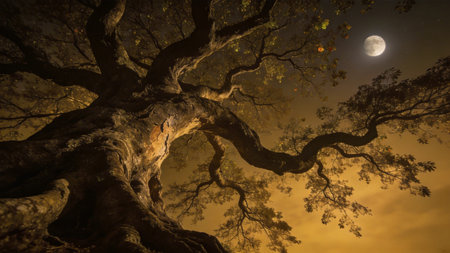 Ancient oak tree illuminated by moonlight from dramatic low angle. Strong atmospheric landscape...