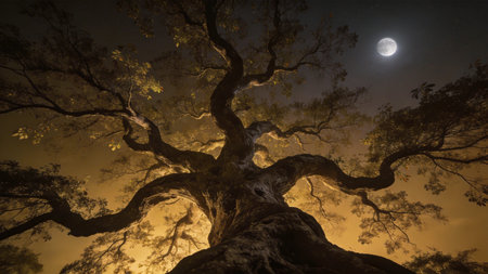 Old oak tree at night with full moon in the sky.