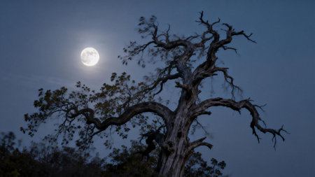 Dramatic silhouette of twisted tree against full moon in dark night sky. Atmospheric landscape...