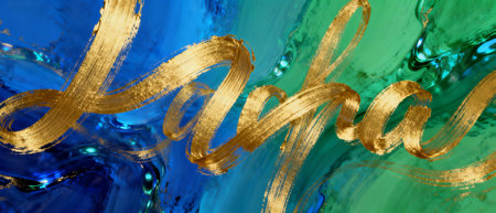 Elegant golden brush lettering over fluid blue and green abstract background creating luxurious artistic design perfect for branding, typography and creative backgrounds.の写真素材