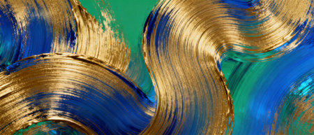 Elegant gold paint strokes flowing over blue and green textured background creating a rich luxury...