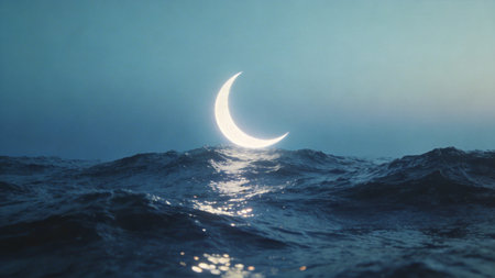 Glowing crescent moon rising above dark ocean waves with reflections on water. Dreamlike night seascape representing calm, mystery and fantasy.の写真素材