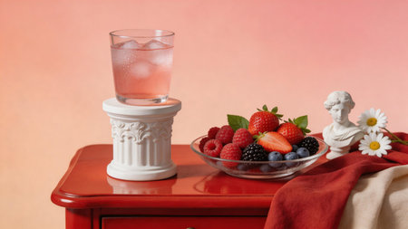 Elegant still life with fresh strawberries, raspberries and blueberries beside a pink drink on...