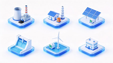 Isometric clean energy and industrial infrastructure icons including power plant, solar panels, wind...
