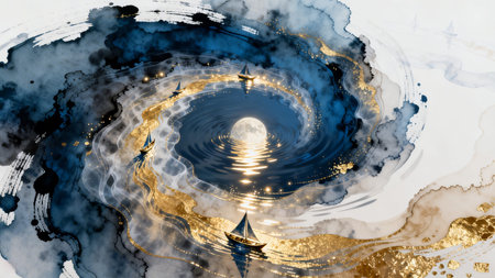 Abstract Chinese ink style landscape with moon reflection and golden accents. Traditional oriental...