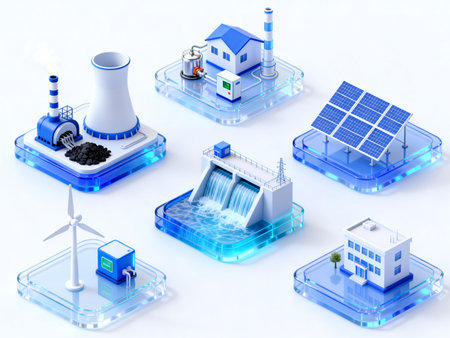 Isometric renewable energy infrastructure set with solar panels, wind turbines, hydro dam and power...