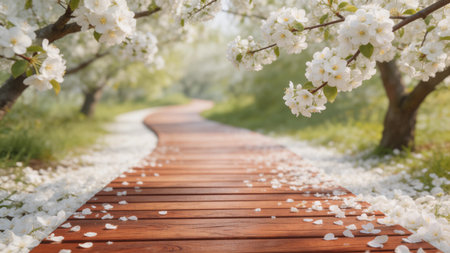 Wooden path in the blooming garden with white cherry blossoms