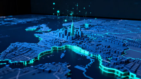 Futuristic smart city digital map with glowing buildings and data network connections. Technology...