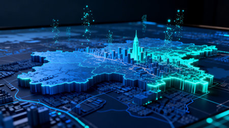 Futuristic smart city map with glowing buildings and digital network connections. Urban data...