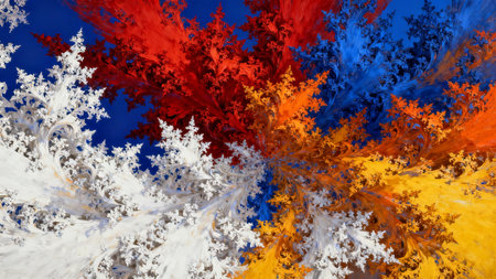 Vibrant fractal abstract with branching organic textures in red, blue, orange and white, dynamic...
