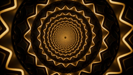 Radial golden fractal pattern with glowing lines and symmetry, elegant abstract background design.